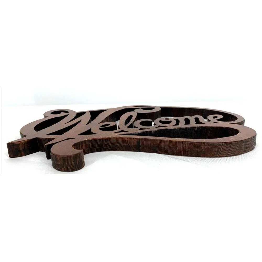Welcome Sign Cut Wood Script Lettering Brown Wall Decor Handcrafted 13